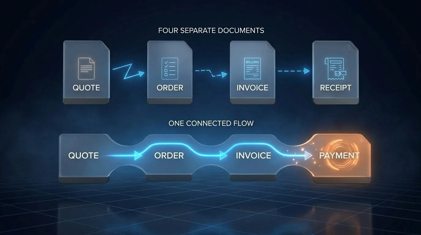 Diagram of quote, job, job sheet and invoice joined by manual arrows versus one connected flow.