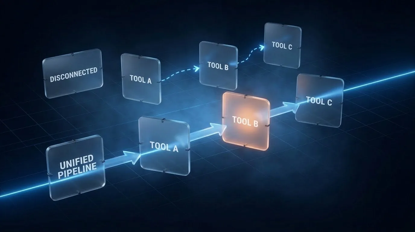 Diagram contrasting three software tools joined by manual arrows with the same tools on one connected line.