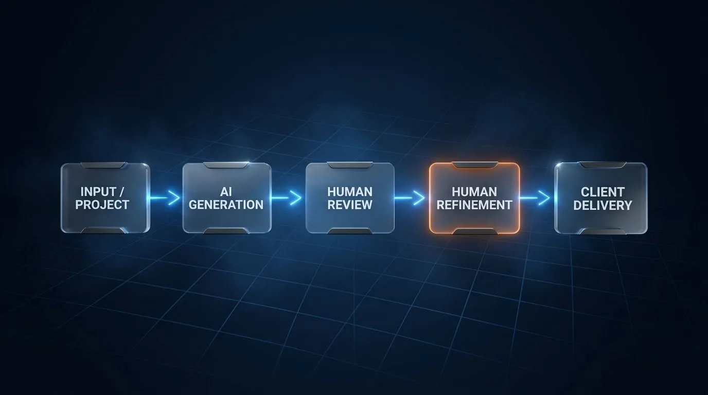 Two human gates placed after the AI step and before delivery to the client.