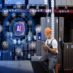 A 3D visualization of floating AI marketing tool icons above a laptop, representing the automated customer acquisition stack for Irish managers.