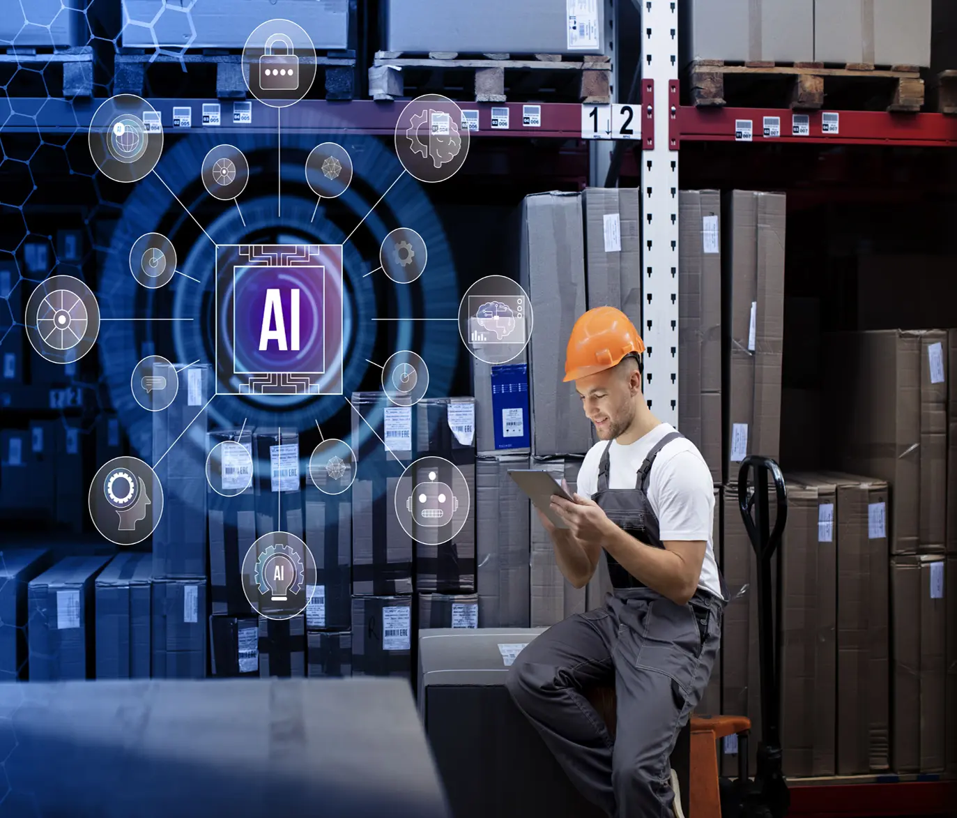 A 3D visualization of floating AI marketing tool icons above a laptop, representing the automated customer acquisition stack for Irish managers.
