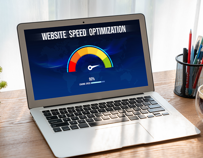 A digital speedometer on a mobile device representing Core Web Vitals and lightning-fast loading speeds optimized by MJ for the 5G era.