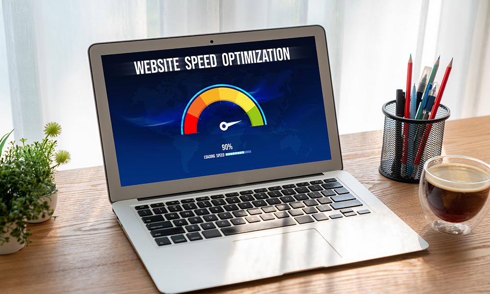 A digital speedometer on a mobile device representing Core Web Vitals and lightning-fast loading speeds optimized by MJ for the 5G era.