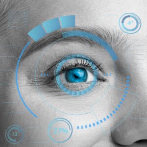 A professional and minimal visualization of an eye interacting with digital icons for time (Hick’s Law) and persuasion, designed by Motive Journey (MotiveJourney) for High-Converting Web Design.