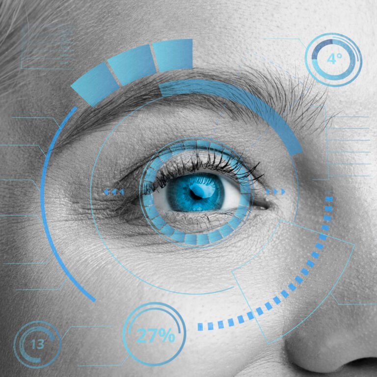 A professional and minimal visualization of an eye interacting with digital icons for time (Hick’s Law) and persuasion, designed by Motive Journey (MotiveJourney) for High-Converting Web Design.