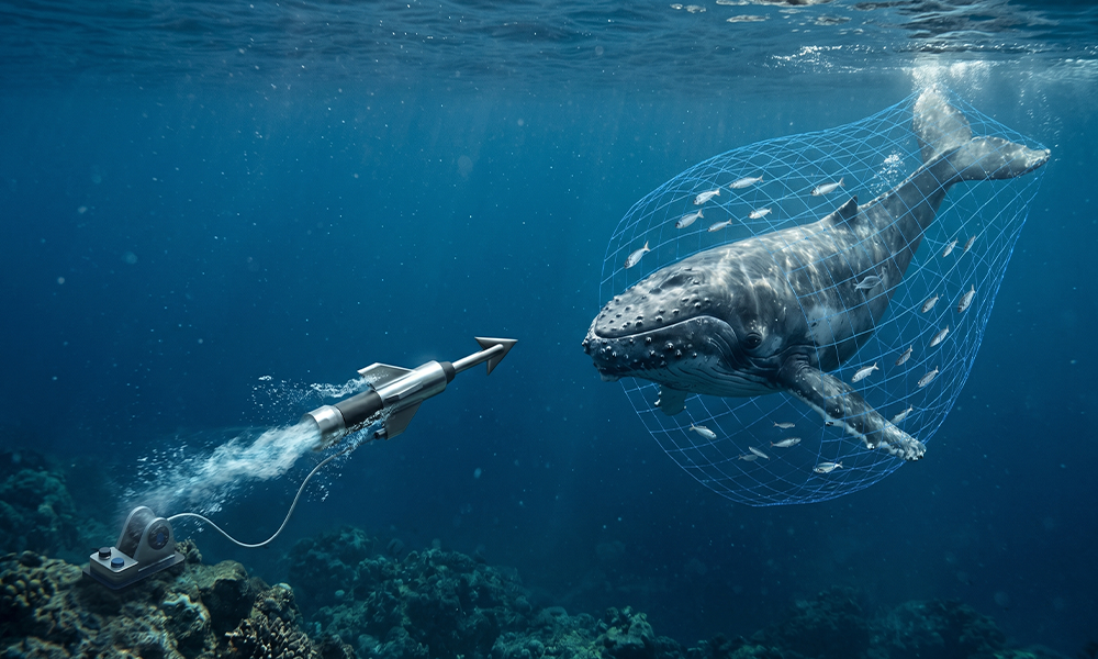 A minimalist 3D visualization of a digital harpoon targeting a large whale, symbolizing Motive Journey’s (MotiveJourney) targeted ABM approach for high-value B2B leads in Ireland.